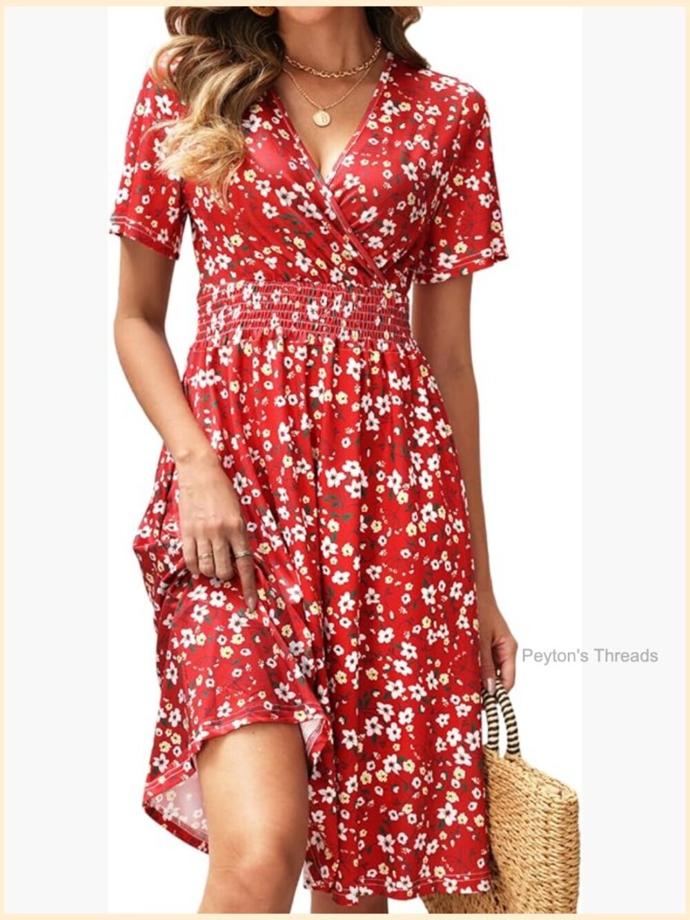 Midi Floral Dress - Short Sleeve Wrap V-Neck Smocked Waist A-Line Summer Dress